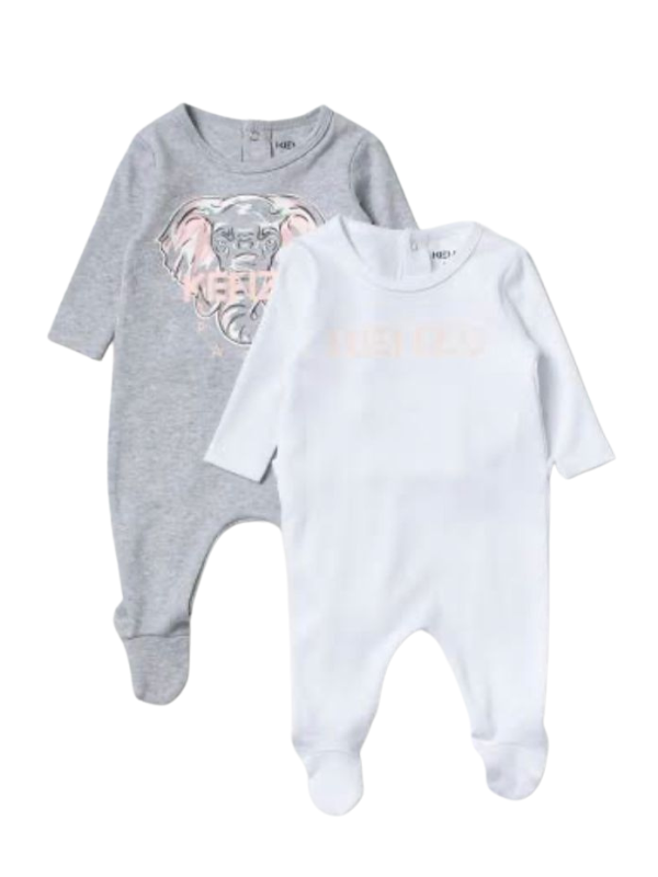 Kenzo Set Of Babygrowers Elephant Grey & White